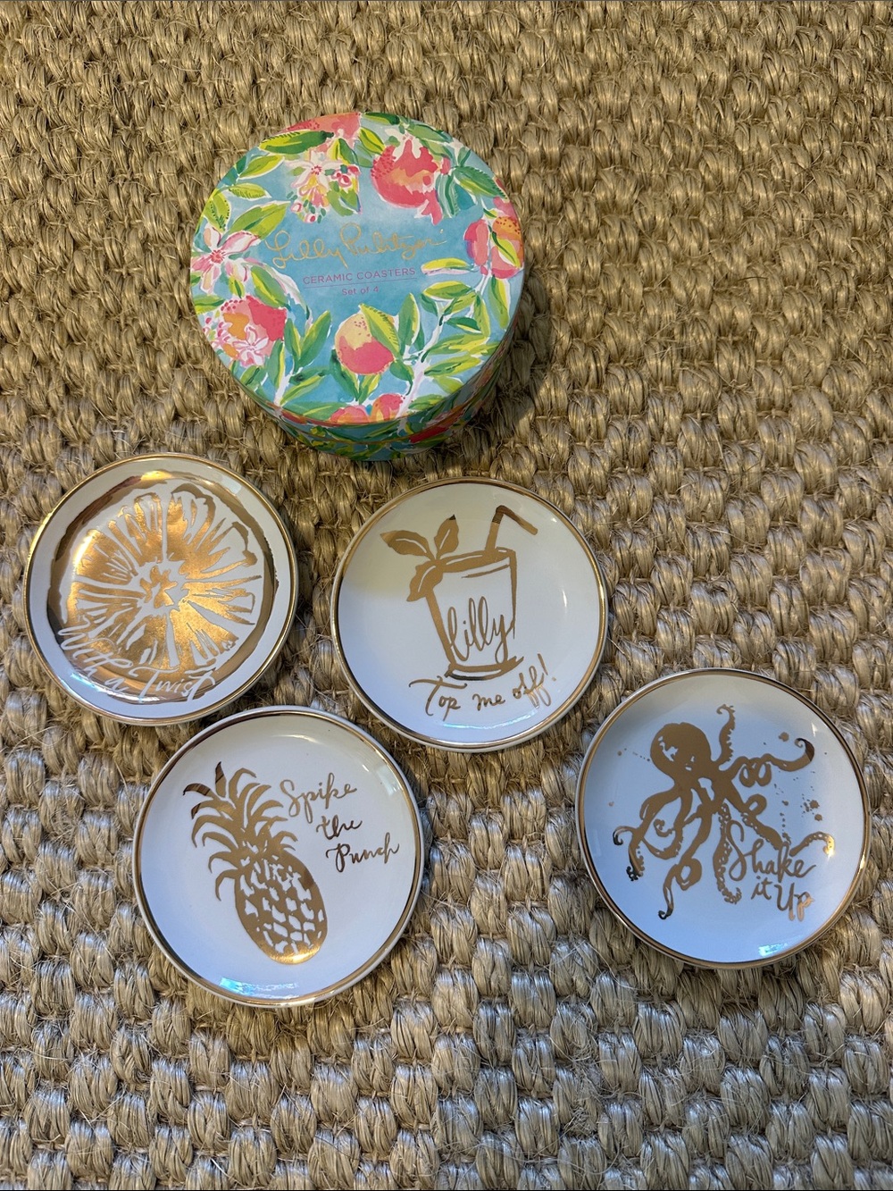 Lilly Pulitzer Floral Multicolor Ceramic Coaster Set (Pink, Green, Gold, White)